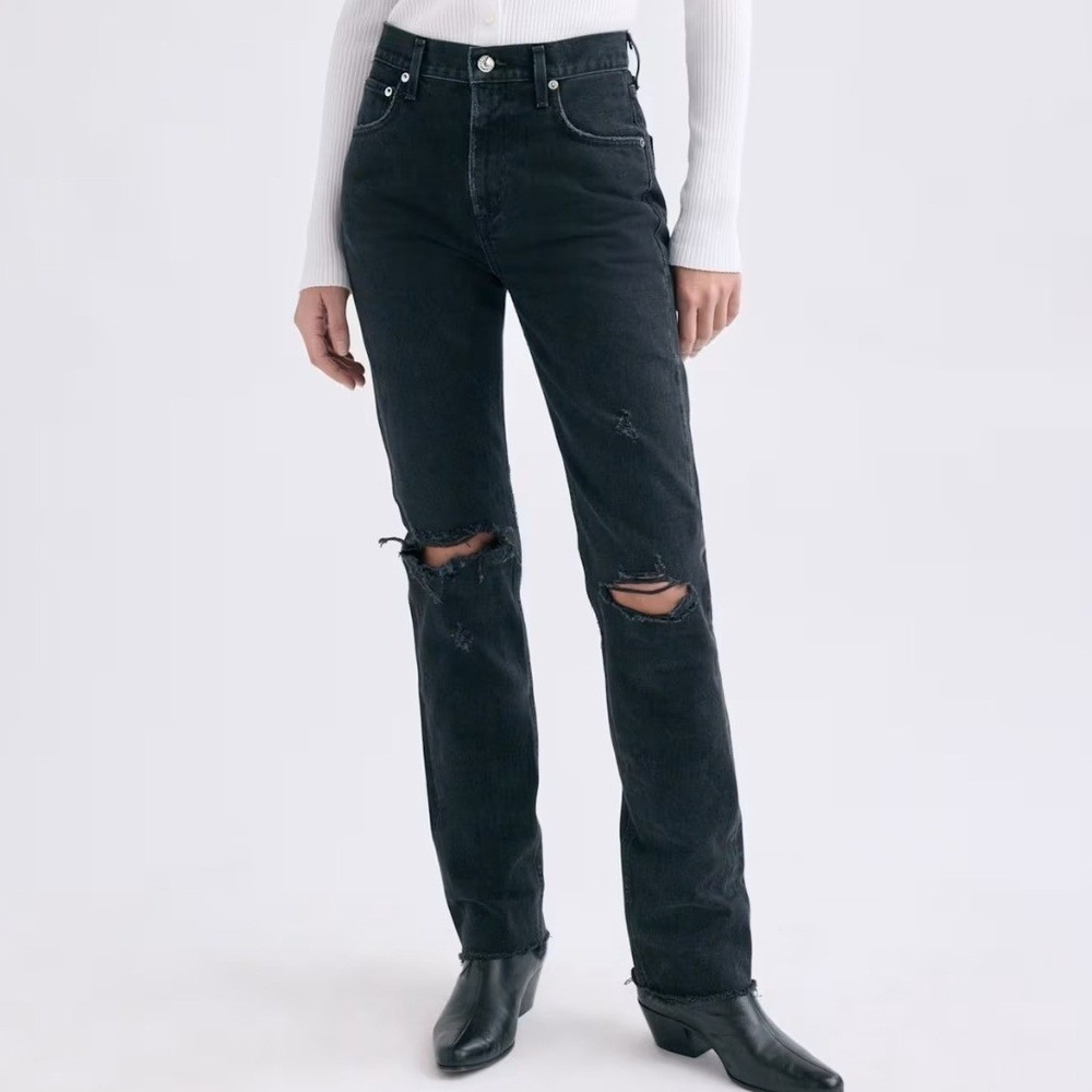 AGOLDE Cherie High Rise Straight Jeans Black Distressed Size 28